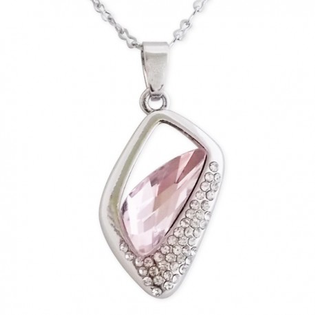 Collier argenté à pendentif losange creux à strass et faux cristal rose