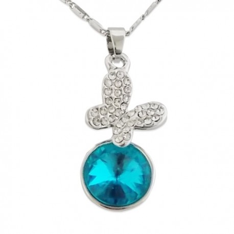 Collier argenté à pendentif papillon à strass et faux cristal bleu