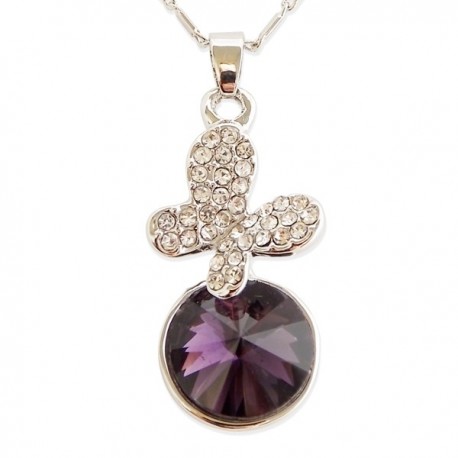 Collier argenté pendentif papillon et fausse pierre violette