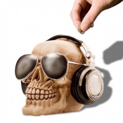 Tirelire crâne avec casque audio et lunettes de soleil