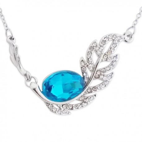 Collier pendentif feuille strass et faux cristal bleu turquoise