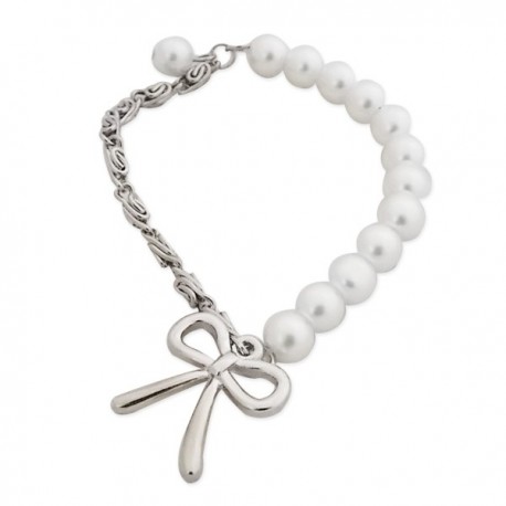 Bracelet de perles blanches avec nœud argenté